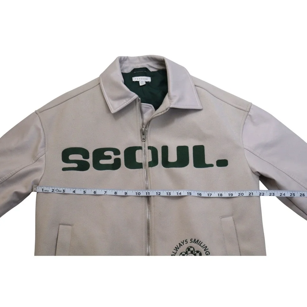 Topshop Seoul Varsity Bomber Jacket Cream Green Faux Street Wear Size S - Picture 5 of 8